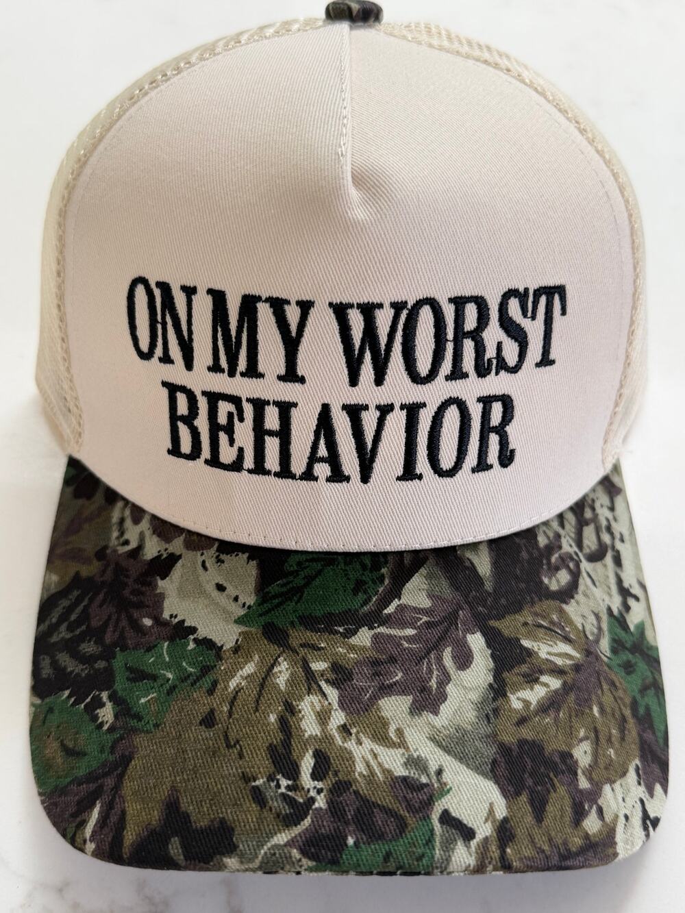 Zenana “On My Worst Behavior” Camo Print Trucker Hat Adjustable Snapback